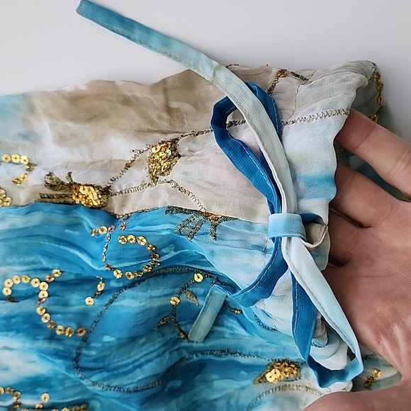 Nygard Blouse Off Shoulder Blue Tan White Gold Sequins Off Shoulder Peasant Sz L - Picture 11 of 13